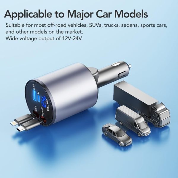 PROODOS Retractable Car Charger|4 In 1 Car Charger Fast Charging|60W Super Fast Charging Retractable Cables(32In)Black - Image 5