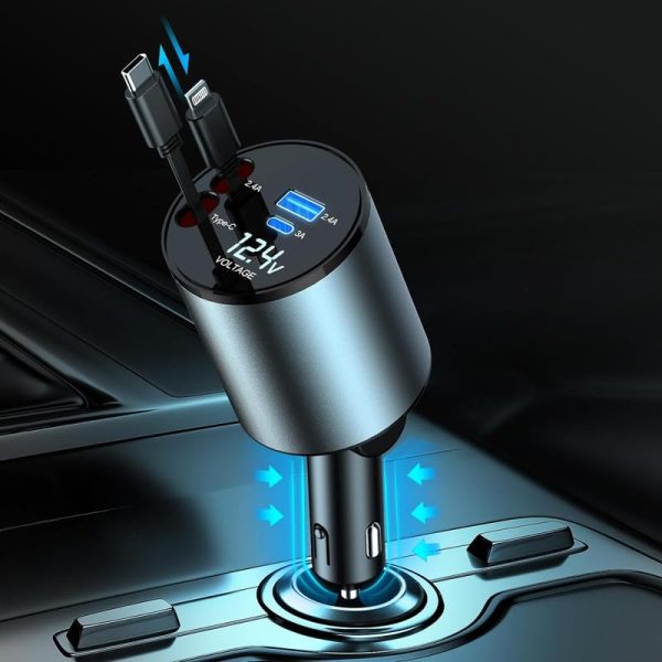PROODOS Retractable Car Charger|4 In 1 Car Charger Fast Charging|60W Super Fast Charging Retractable Cables(32In)Black