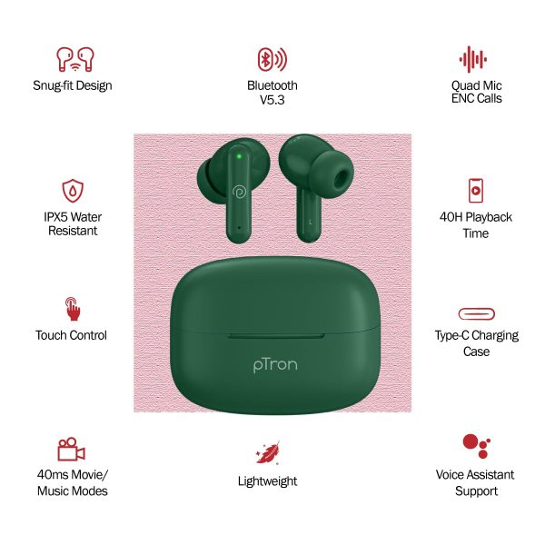 pTron Zenbuds X1 Quad Mic TWS Earbuds, 40hrs Playtime, in-Ear Sensor, (Forest Green) - Image 2