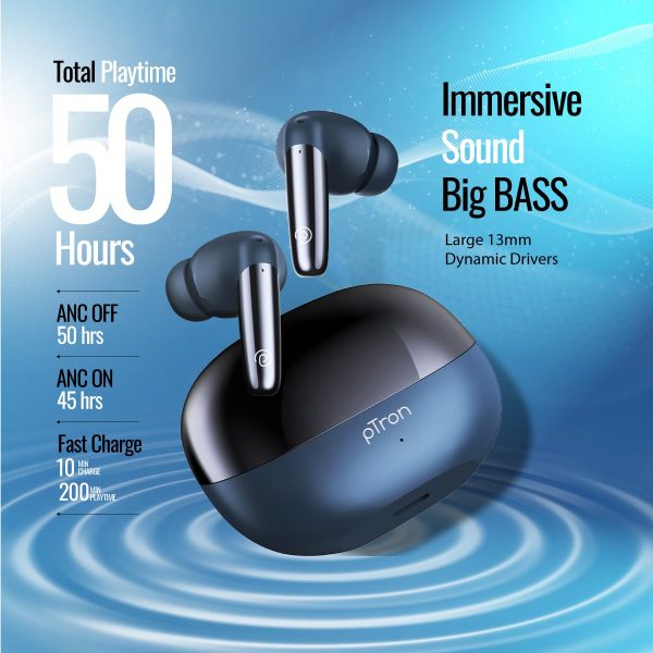 pTron Zenbuds Ultima ANC Earbuds, 35dB Active Noise Cancellation TWS, Transparency Mode,(Blue) - Image 4