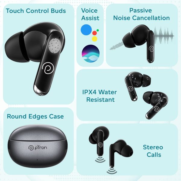 pTron Bassbuds Eon in-Ear TWS Earbuds with HD Mic, IPX4 Water Resistant (Steel Grey/Black) - Image 3