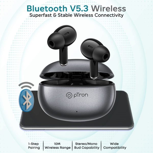 pTron Bassbuds Eon in-Ear TWS Earbuds with HD Mic, IPX4 Water Resistant (Steel Grey/Black) - Image 5