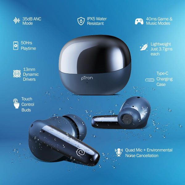 pTron Zenbuds Ultima ANC Earbuds, 35dB Active Noise Cancellation TWS, Transparency Mode,(Blue) - Image 2