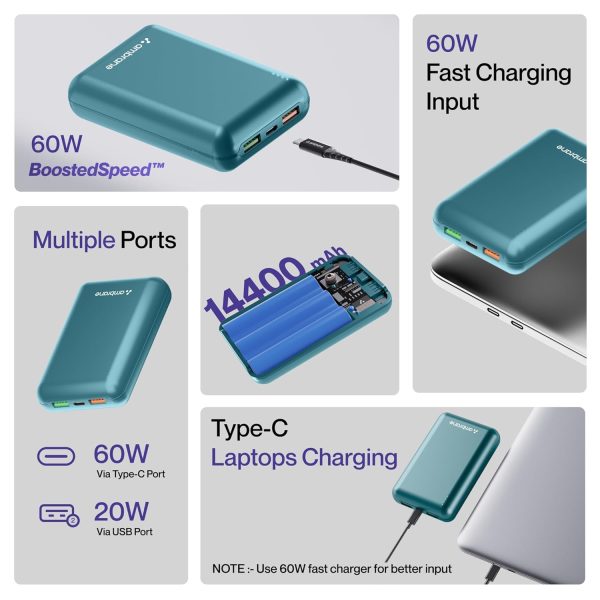 Ambrane 60W Fast Charging Powerbank for MacBook, Type C Laptop & Mobile Charging, Green) - Image 2