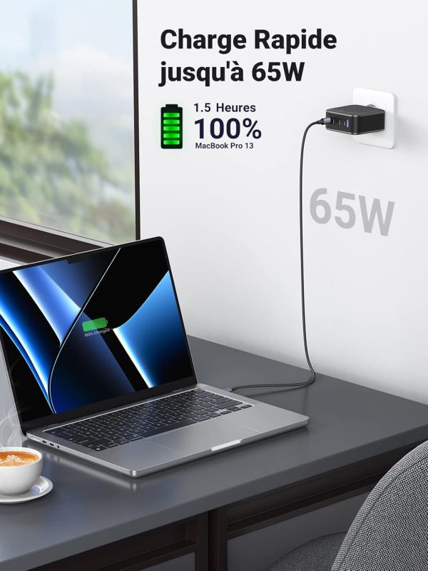 Ugreen 65 W Four Port Charger For Macbook Pro Air, Ipad, Iphone 12 Pro 11 Pro Max Xr Xs Se, Pc With Usb Type C Cable - Black - Image 2