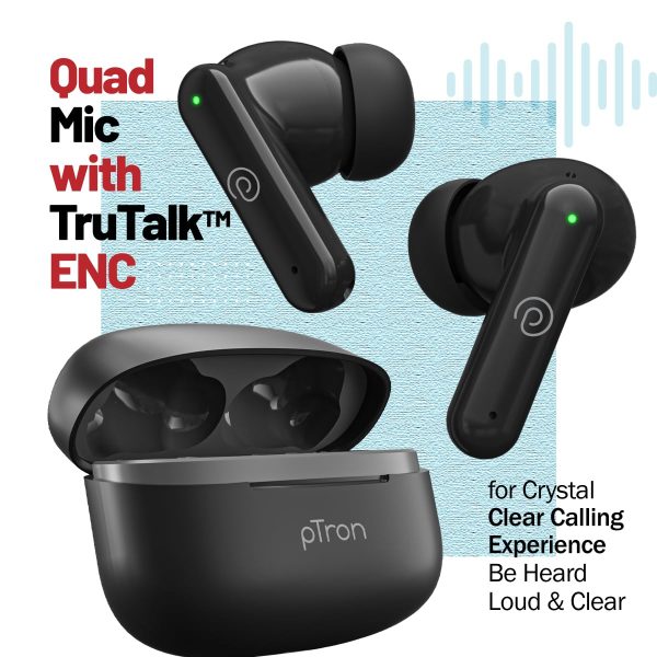 pTron Zenbuds X1 Quad Mic TWS Earbuds with 40hrs Playtime, In-Ear Sensor,(Jet Black) - Image 7