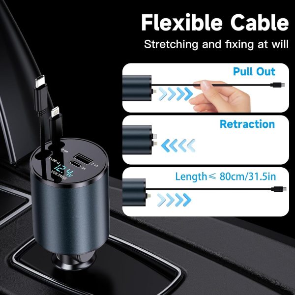 PROODOS Retractable Car Charger|4 In 1 Car Charger Fast Charging|60W Super Fast Charging Retractable Cables(32In)Black - Image 8