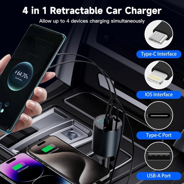 PROODOS Retractable Car Charger|4 In 1 Car Charger Fast Charging|60W Super Fast Charging Retractable Cables(32In)Black - Image 4