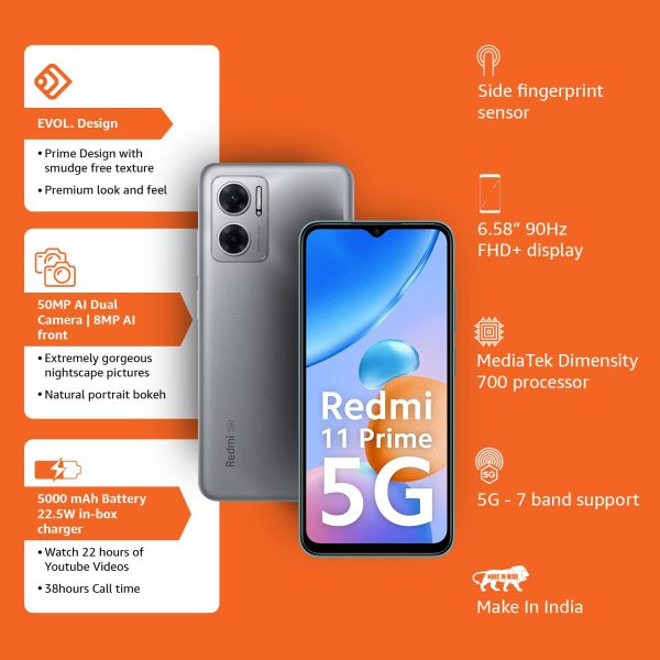 Redmi 11 Prime 5G (Chrome Silver, 6GB RAM, 128GB Storage) - Image 2