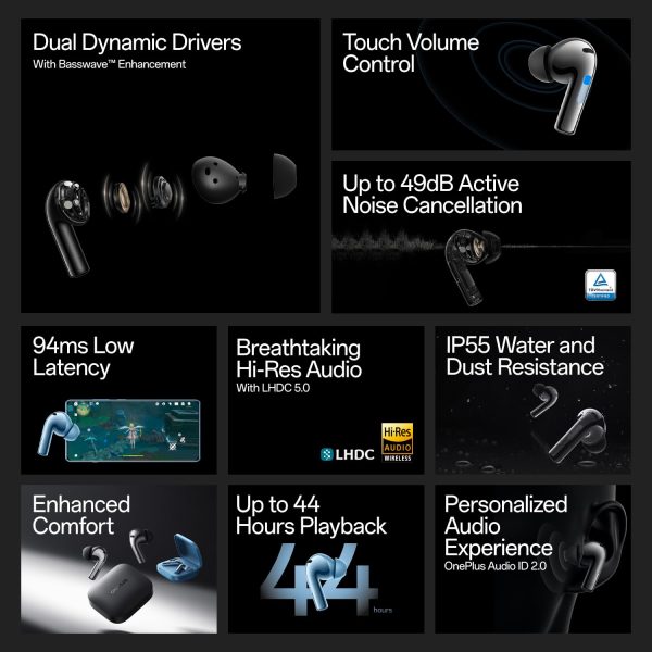 OnePlus Buds 3 in Ear TWS Bluetooth Earbuds with Upto 49dB Smart Adaptive Noise Cancellation, (Gray) - Image 2