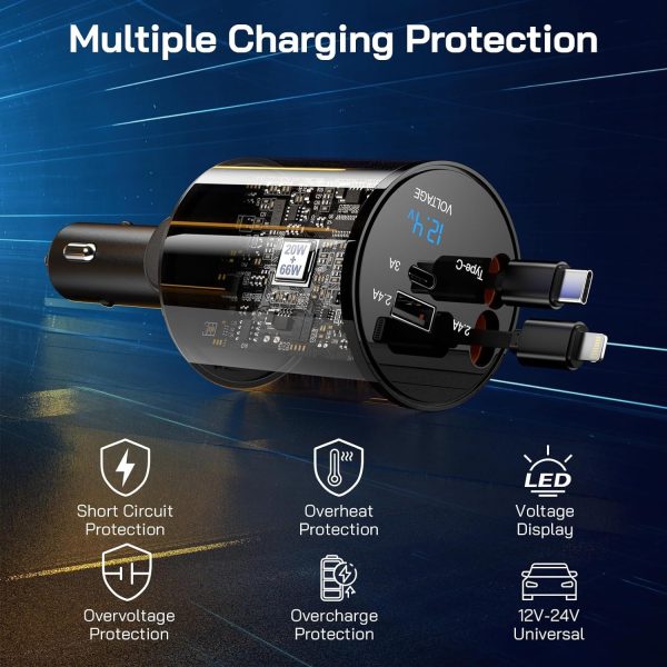 PROODOS Retractable Car Charger|4 In 1 Car Charger Fast Charging|60W Super Fast Charging Retractable Cables(32In)Black - Image 2
