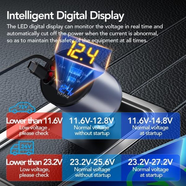 PROODOS Retractable Car Charger|4 In 1 Car Charger Fast Charging|60W Super Fast Charging Retractable Cables(32In)Black - Image 6