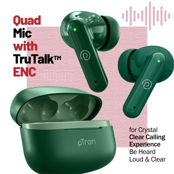 pTron Zenbuds X1 Quad Mic TWS Earbuds, 40hrs Playtime, in-Ear Sensor, (Forest Green) - Image 6