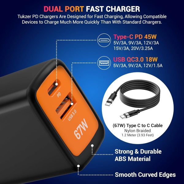 Tukzer 67W Dual Port GaN3 Ultra Fast Charger (Type C PD3.0 & USB QC3.0/ (Black) - Image 4