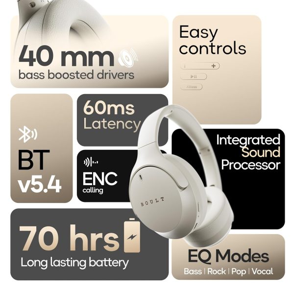 Boult Q Over Ear Bluetooth Headphones with 70H Playtime, 40mm Bass Drivers, IPX5 Wireless Headphones (Beige) - Image 9